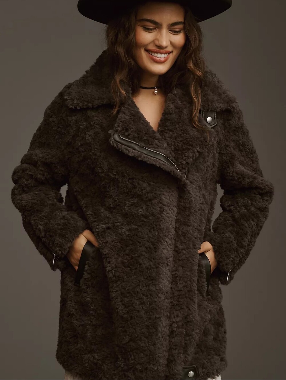 Anthropologie Faux Fur Long Moto Jacket Coat In XL